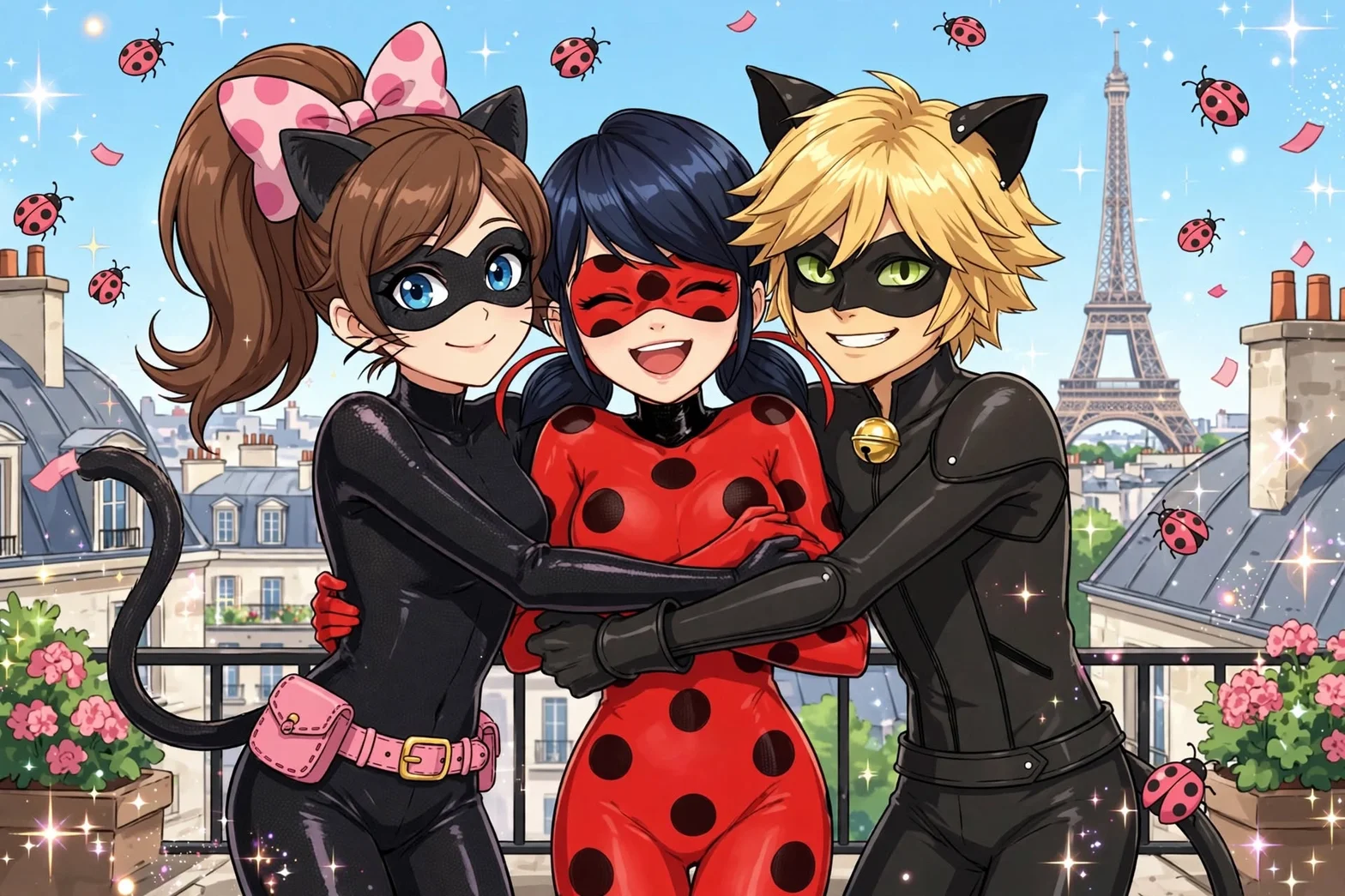 Illustrerad gruppbild av tre maskerade superhjältar, Catty Lady, Ladybug och Chat Noir i Paris framför Eiffeltornet, omgivna av nyckelpigor och glittrande detaljer.