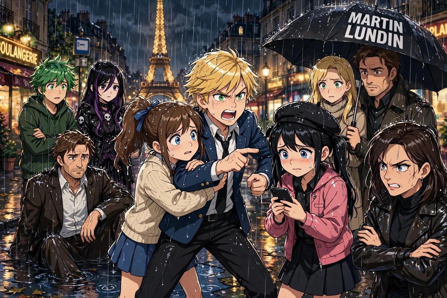 Illustrerad anime-scen med en upprörd grupp människor i ösregn på en parisisk gata, med Eiffeltornet, kaféer och paraplyer i bakgrunden. Bilden har en dramatisk, berättande känsla och texten Martin Lundin syns på ett paraply.