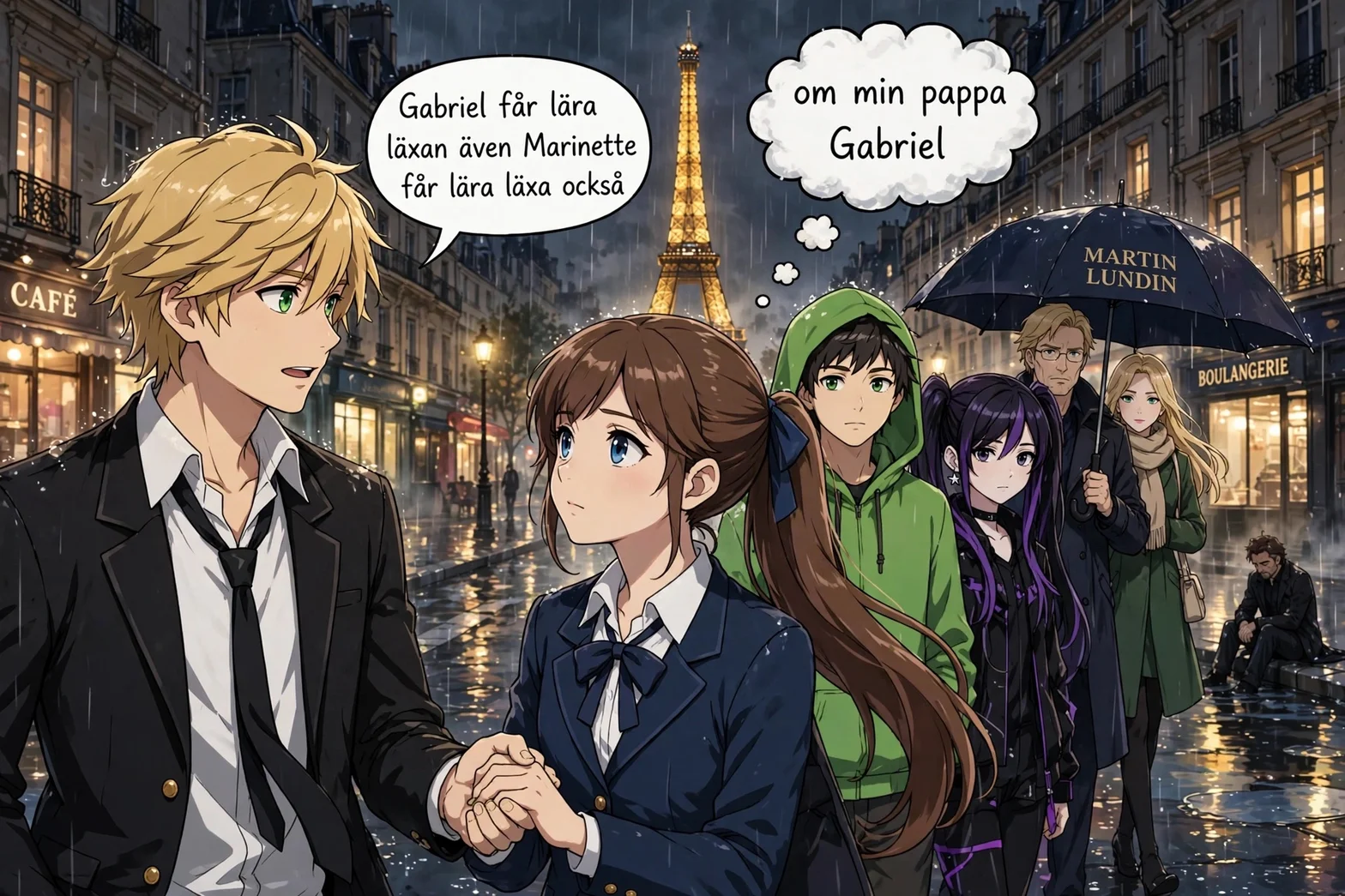 En tecknad animeinspirerad scen med flera ungdomar och vuxna som promenerar i ett regnigt Paris framför Eiffeltornet med pratbubblor där Alice frågar Adrien om Gabriel och de diskuterar läxorna och konsekvenserna.