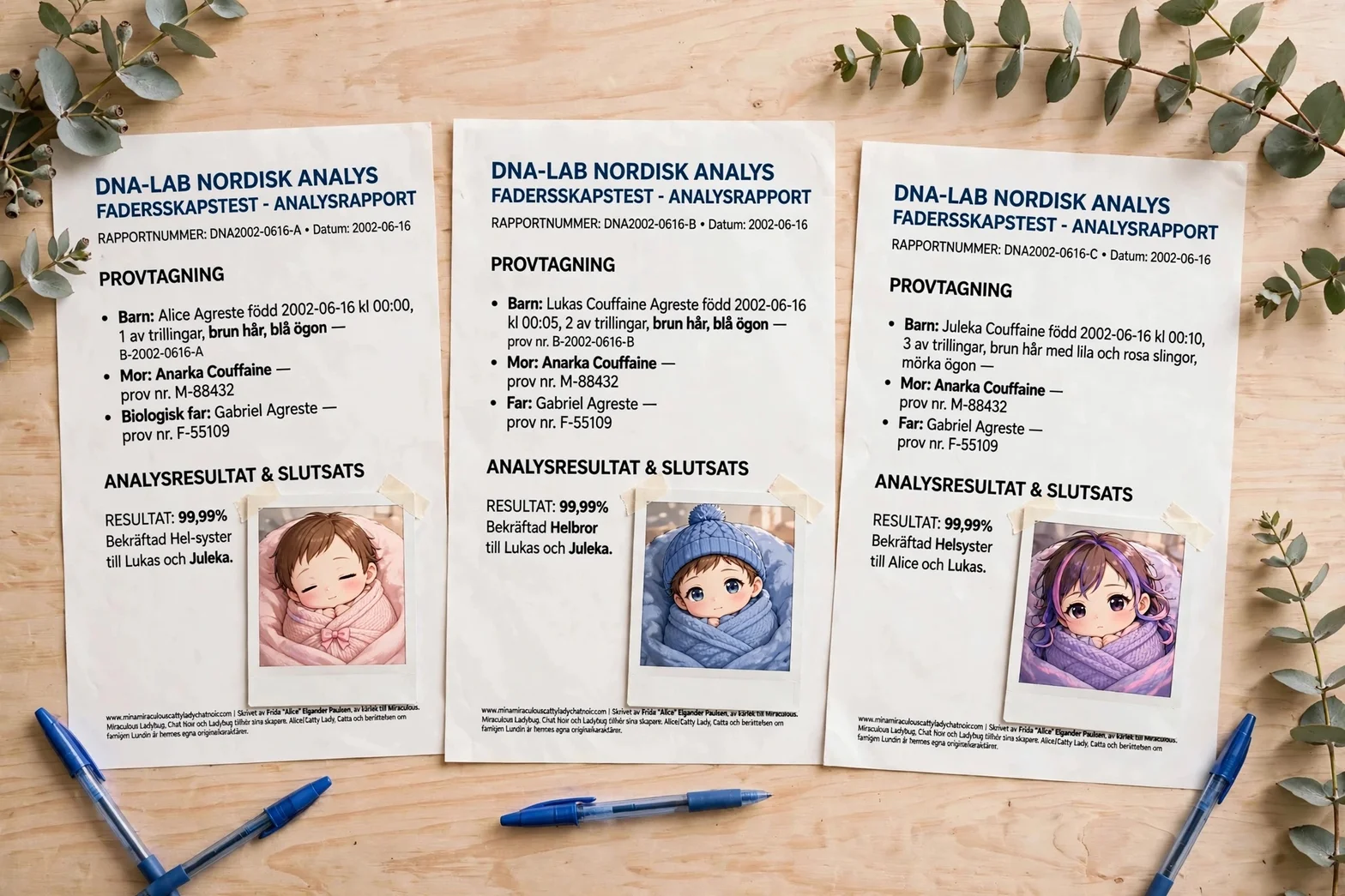 Tre DNA-testrapporter uppradade på ett träskrivbord med dekorativa växter och pennor, med illustrerade babyfoton till varje rapport.
