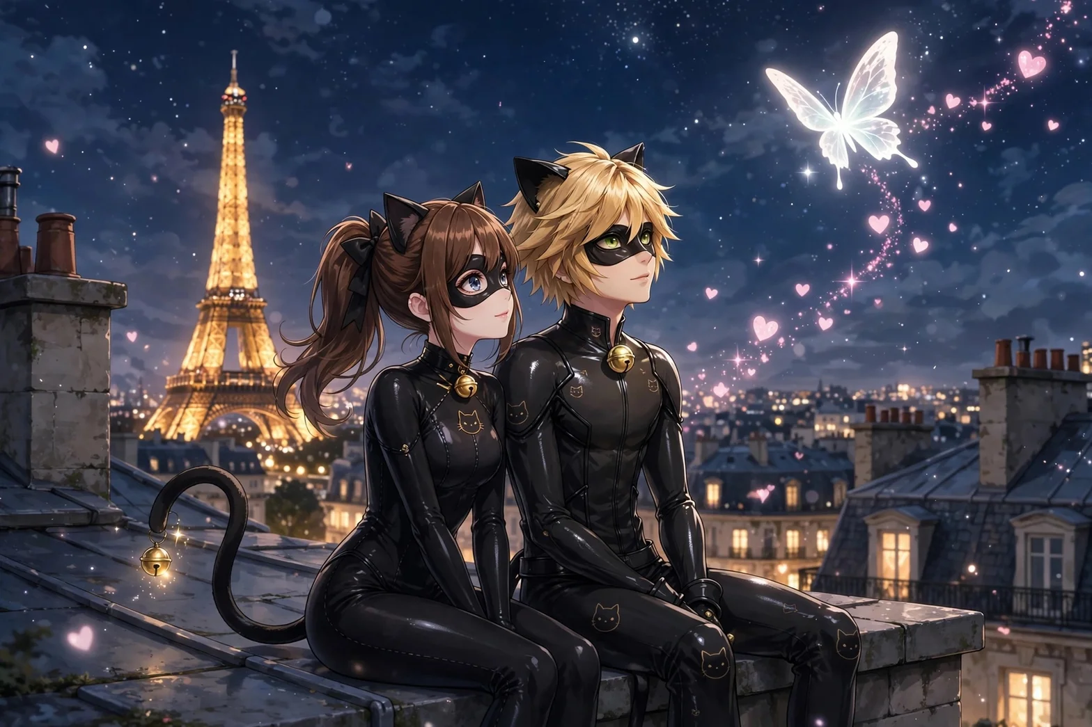 En romantisk, illustrerad nattbild med två maskerade kattliknande superhjältar i svarta dräkter på ett hustak i Paris. Eiffeltornet syns upplyst i bakgrunden, tillsammans med en glödande fjäril och rosa hjärtan på den stjärnklara himlen.
