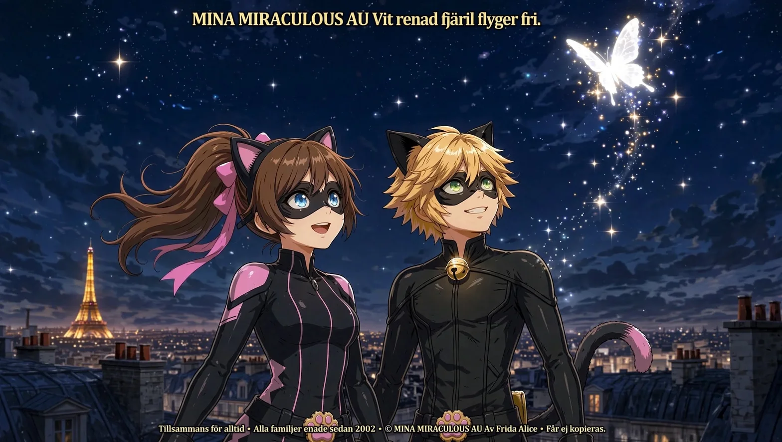 En illustrerad kampanjbild för Mina Miraculous AU med Catty Lady och Chat Noir framför en stjärnupplyst nattvy över Paris och Eiffeltornet.