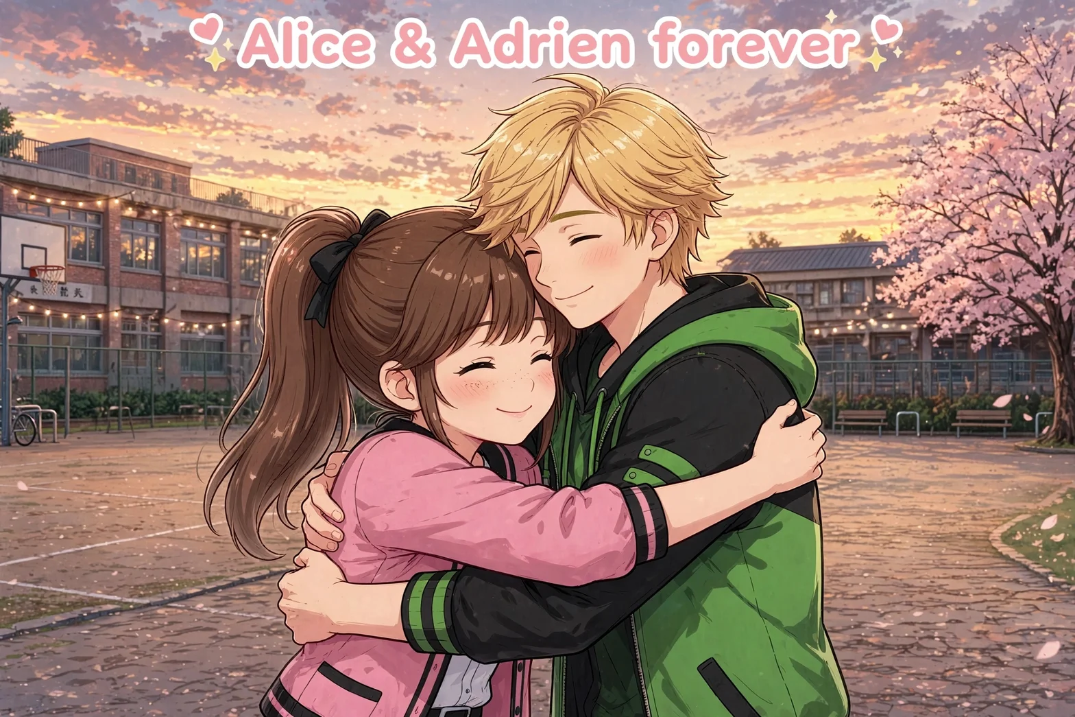 Alice och Adrien omfamnar varandra på skolgården i solnedgång, med körsbärsblommande träd i bakgrunden.