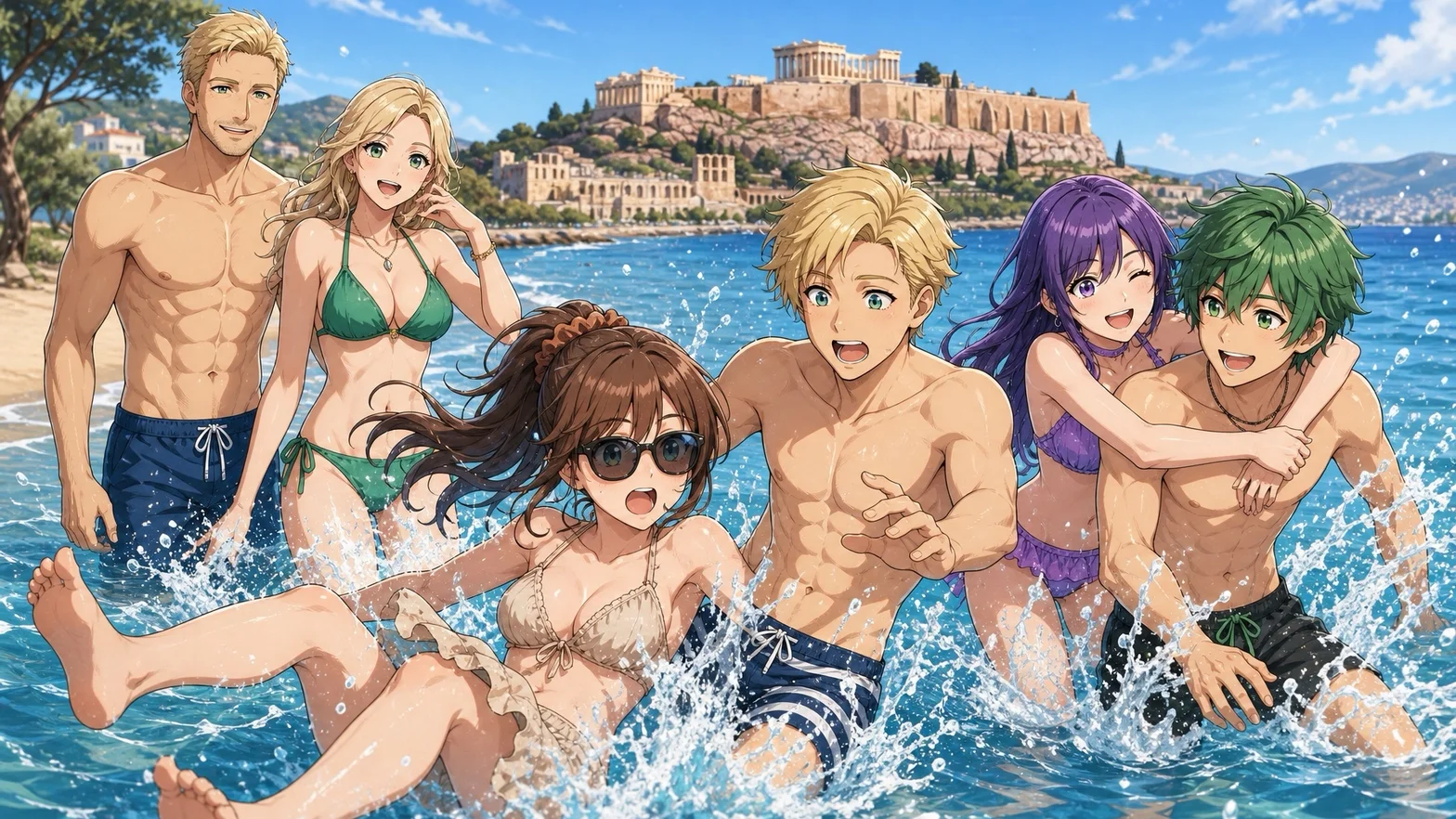 En färgstark animeillustration av en grupp vänner som leker i havet framför Akropolis i Aten.