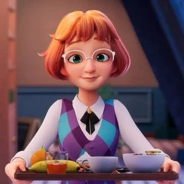 En animerad flicka med rött hår och glasögon serverar en bricka vid ett dukat bord.
