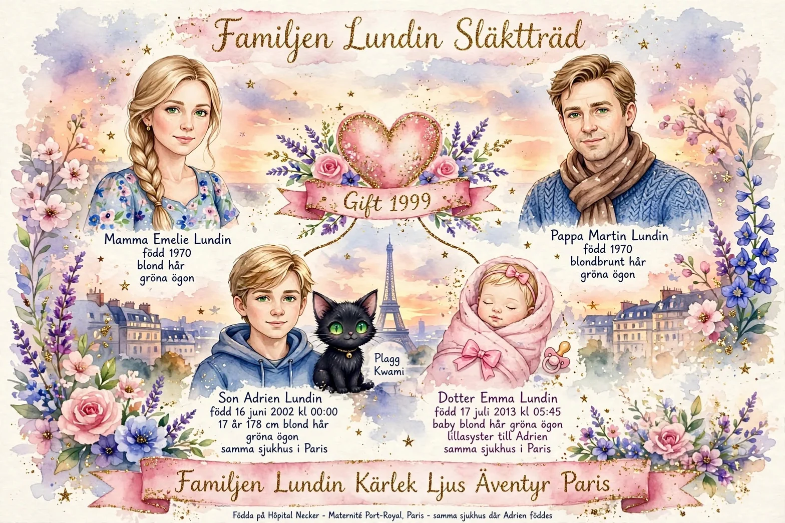 En illustrerad svensk familjetavla med porträtt av mamma Emelie, pappa Martin, sonen Adrien och dottern Emma, omgivna av blommor, hjärtan och ett romantiskt Parislandskap med Eiffeltornet samt katten Plagg Kwami.