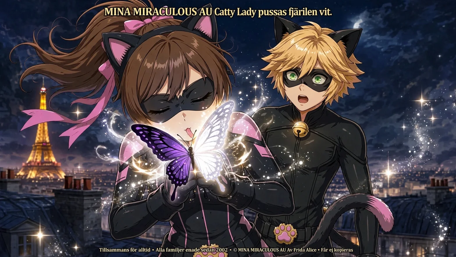 En illustrerad Miraculous-scen med två maskerade kattfigurer, Catty Lady och Chat Noir, i Paris på natten med fjäril och gnistrande magi.