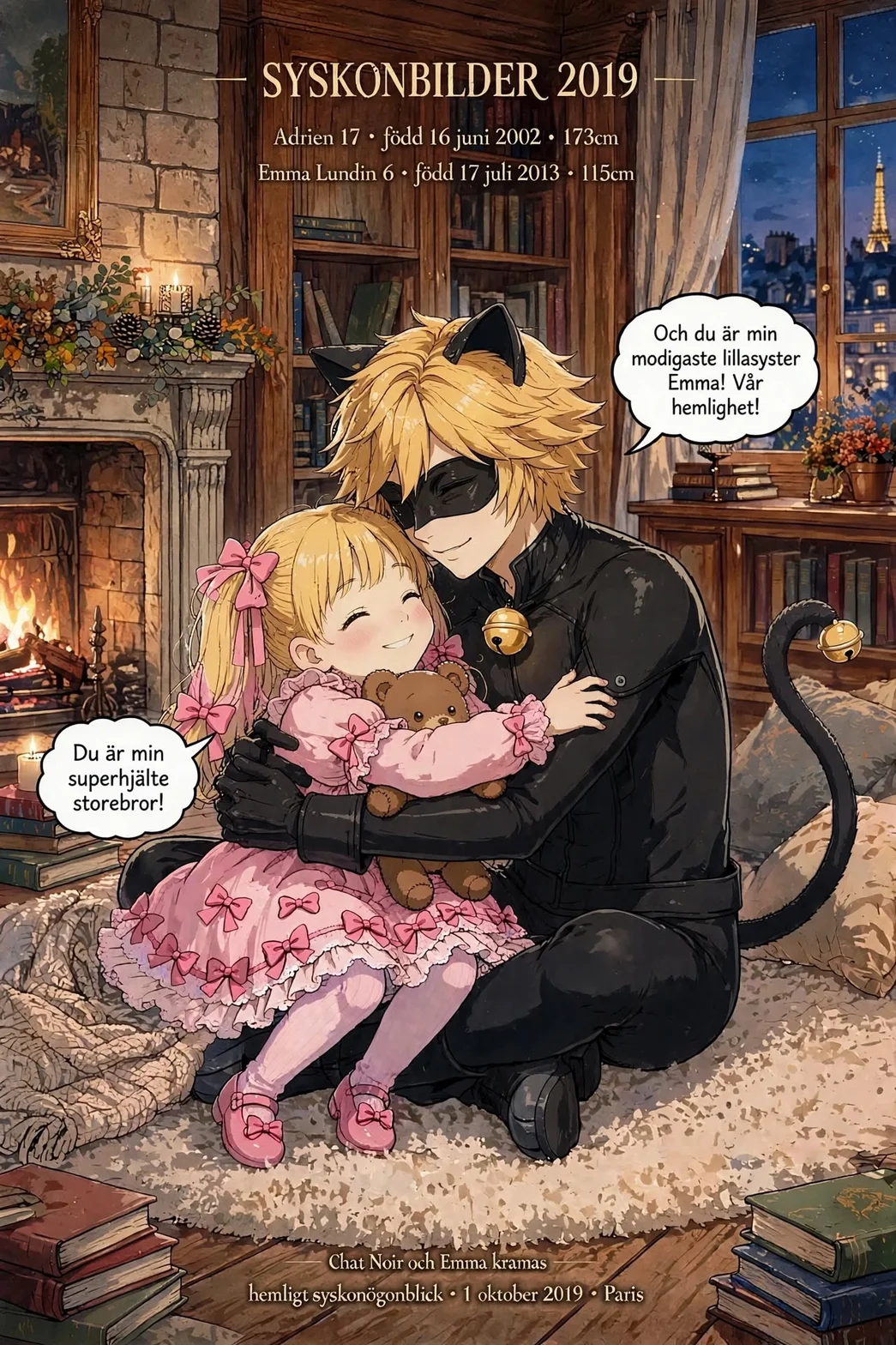 Syskonbilder 2019: Chat Noir och 6-åriga lillasyster Emma Lundin kramas framför en tänd brasa och ett fönster med Eiffeltornet i bakgrunden, med pratbubblorna 'Du är min superhjälte storebror!' och 'Och du är min modigaste lillasyster Emma! Vår hemlighet!'.