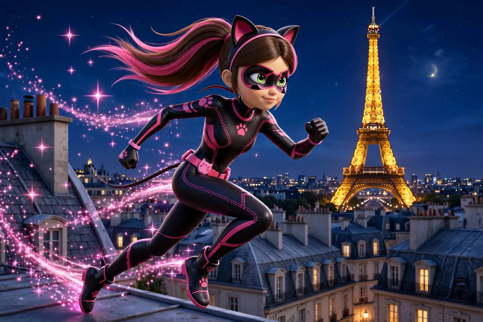 Catty Lady i svart och rosa kostym med kattöron springer över parisiska tak med Eiffeltornet lysande i bakgrunden, omgiven av gnistrande magiska effekter.