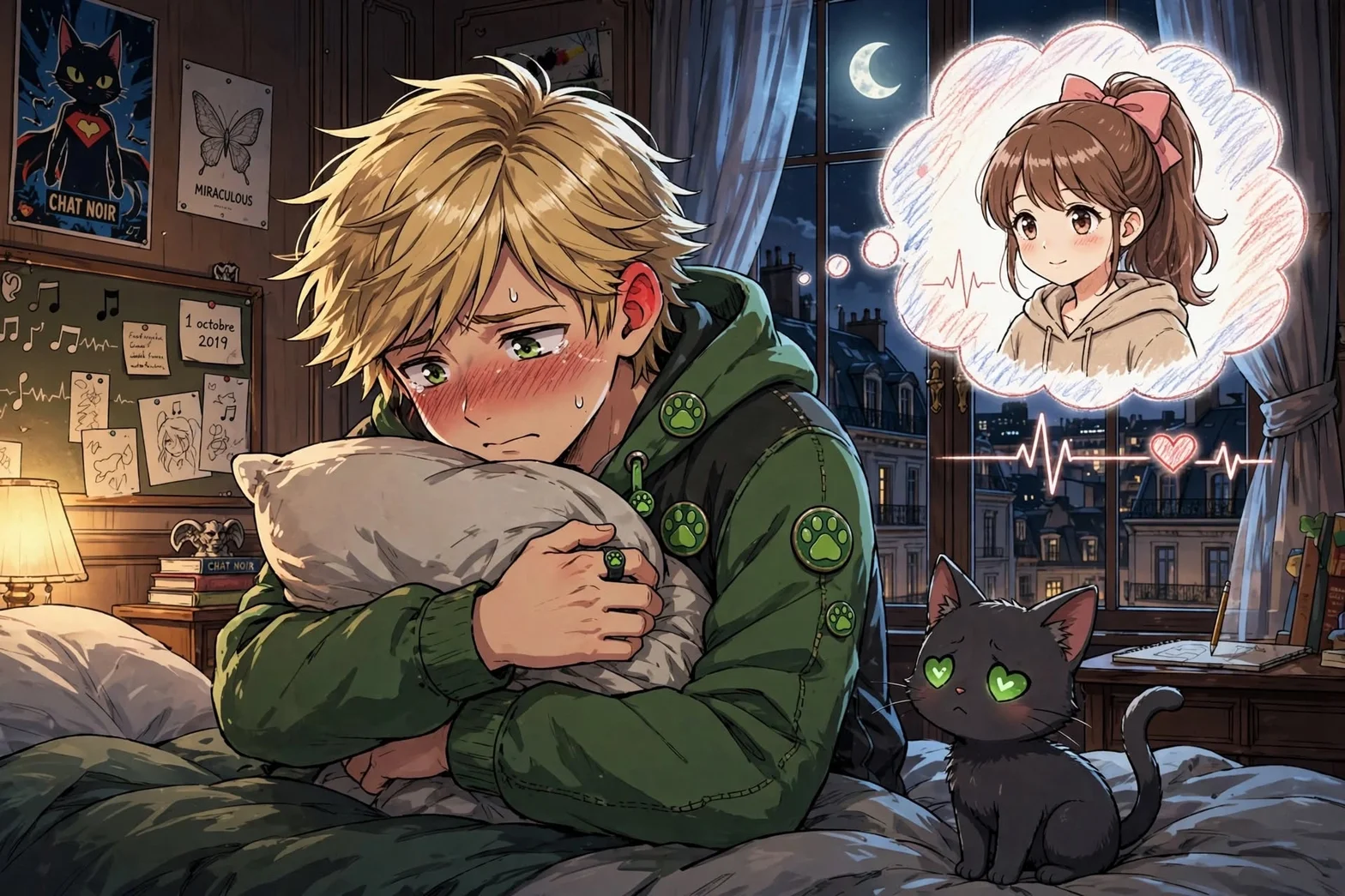 Adrien sitter på sängen i sitt sovrum den 1 oktober 2019, kramar en kudde och rodnar djupt medan han tänker på Alice med en hjärtslagslinje, och Plagg sitter bredvid med gröna hjärtögon.