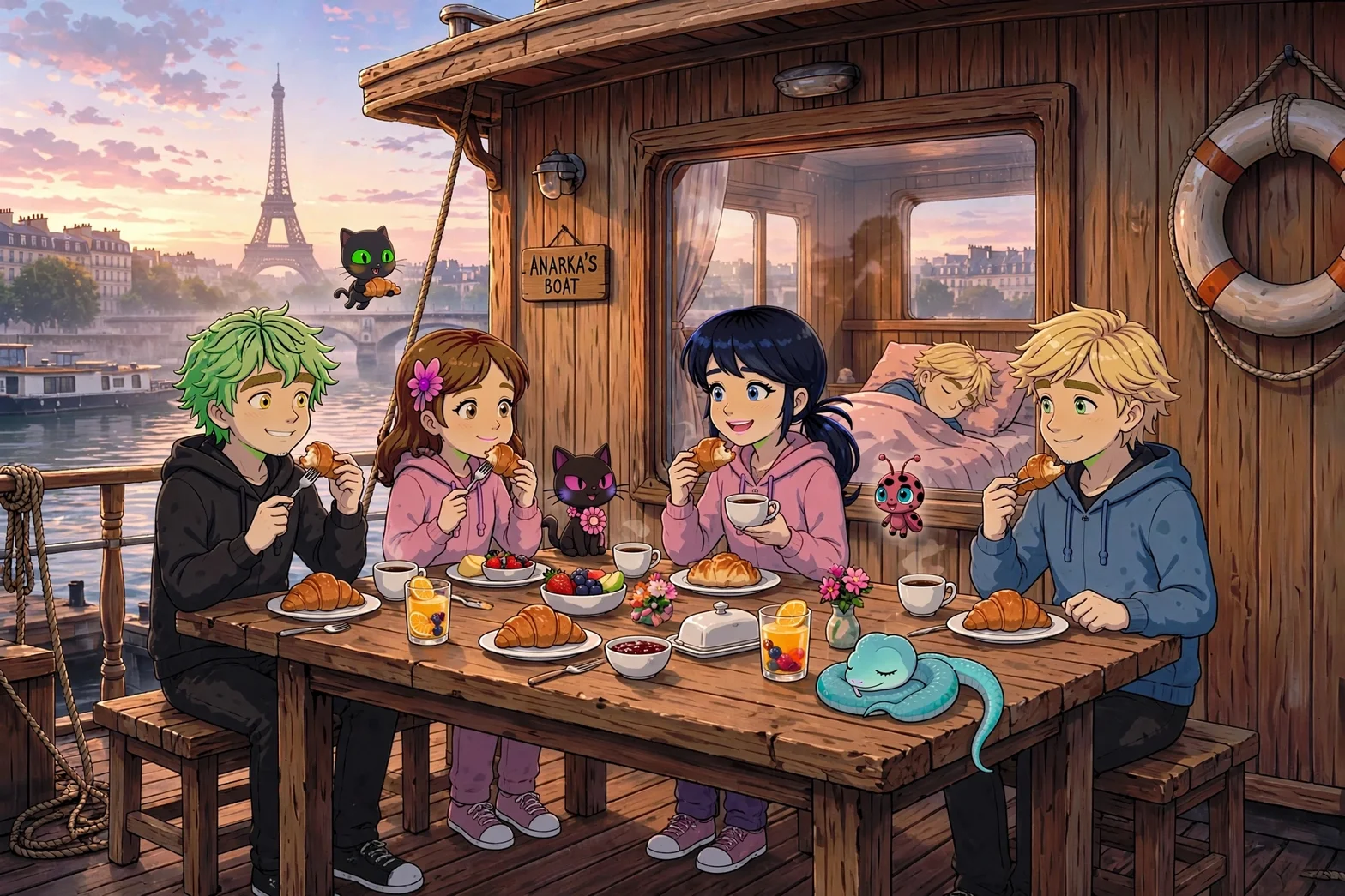 Ungdomar äter frukost tillsammans på en båt vid Eiffeltornet i Paris, med magiska karaktärer och katter som sällskap.
