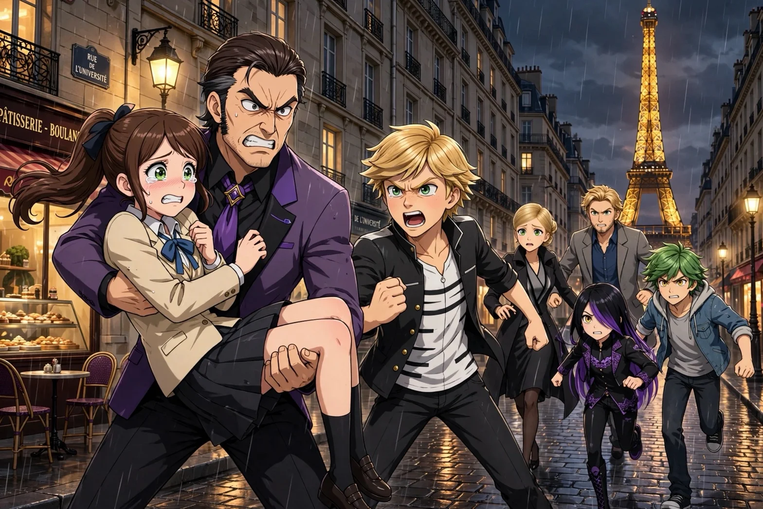 En dramatisk animeillustration där en grupp ungdomar och vuxna springer genom en regnig parisisk gata framför Eiffeltornet, med en flicka som bärs av en man i förgrunden.