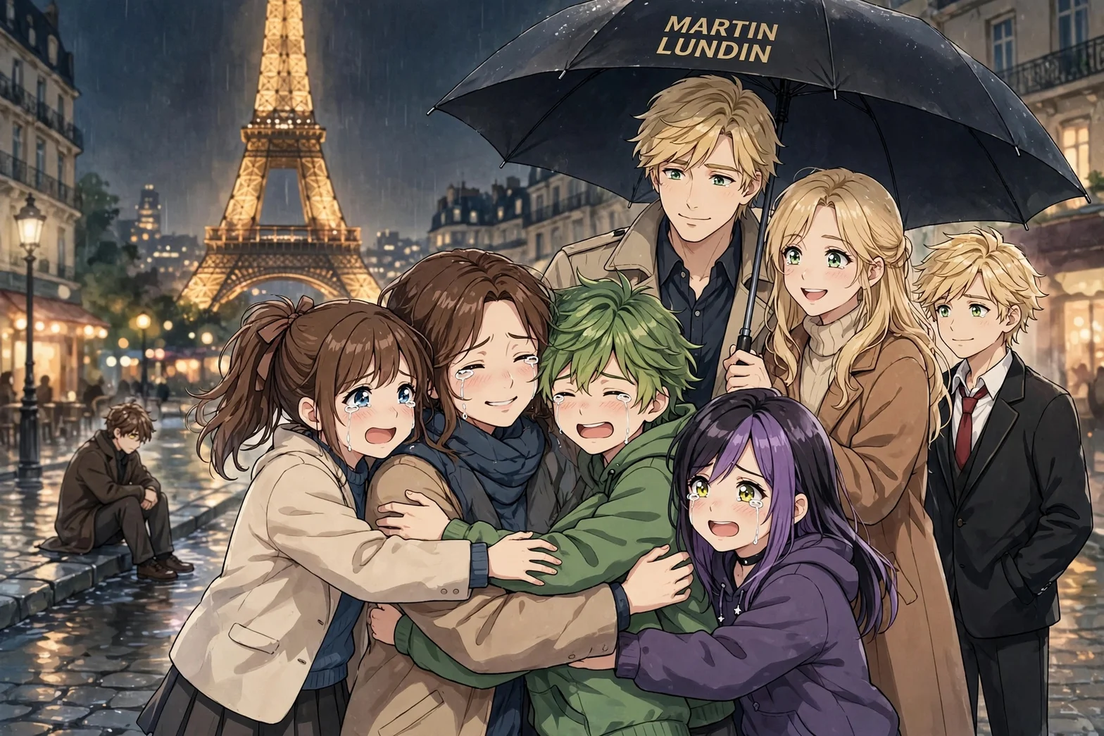 Illustrerad gruppbild med sju anime-inspirerade personer som kramas under ett paraply i regnet framför Eiffeltornet i Paris, där trillingarna kramar Anarka och Adrien och Alice omfamnar varandra.