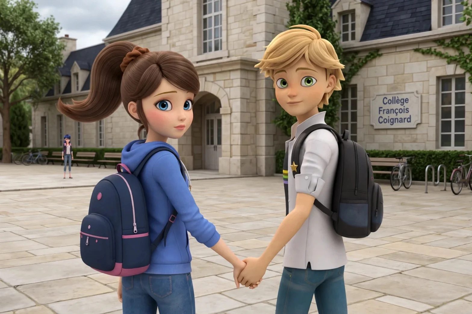 Alice och Adrien håller varandra i handen och lämnar skolgården tillsammans medan Marinette lämnas ensam.