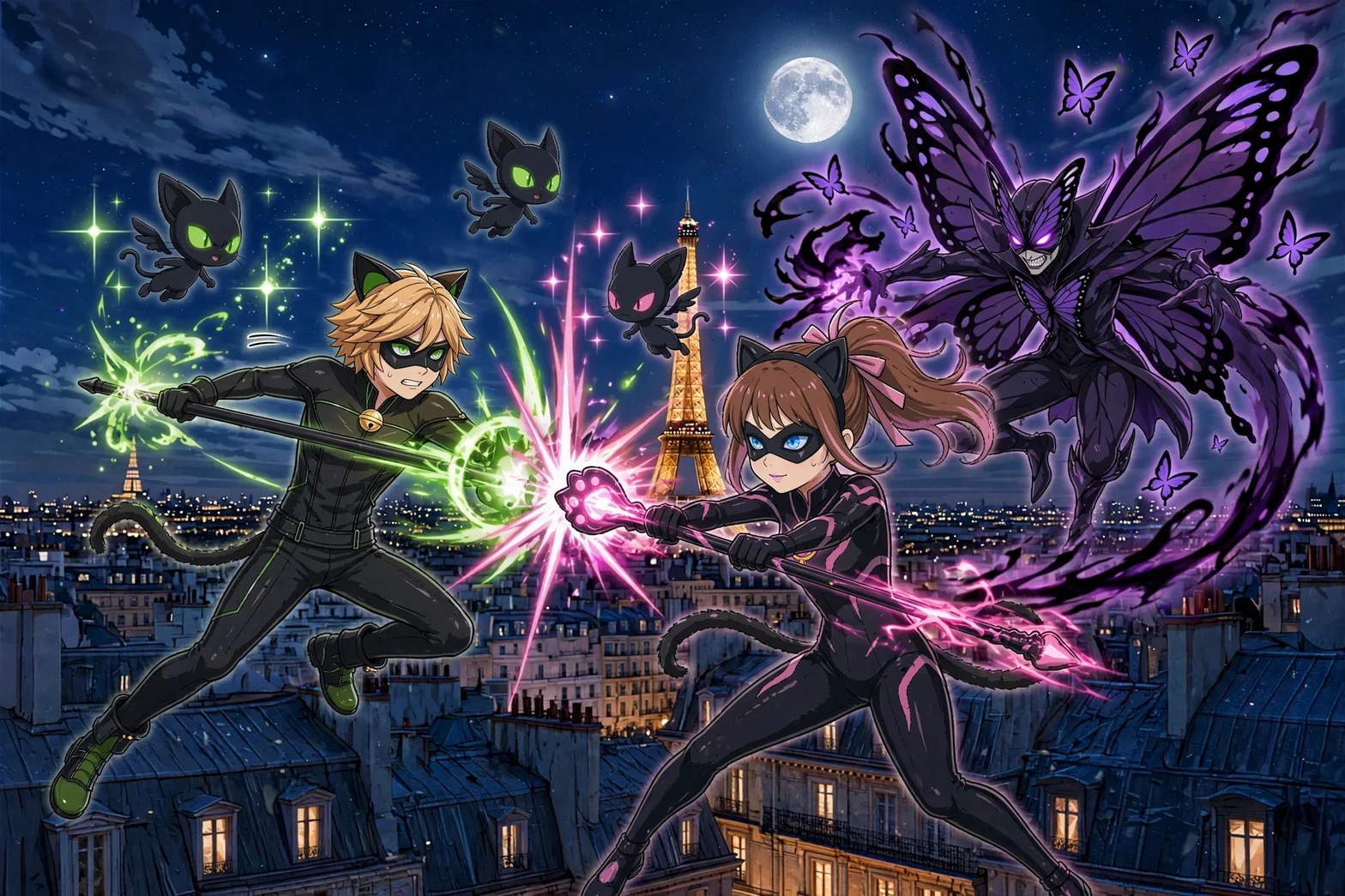Catty Lady och Chat Noir kämpar mot en akuma över en nattlig parisisk skyline, med månen och magiska effekter runt dem.