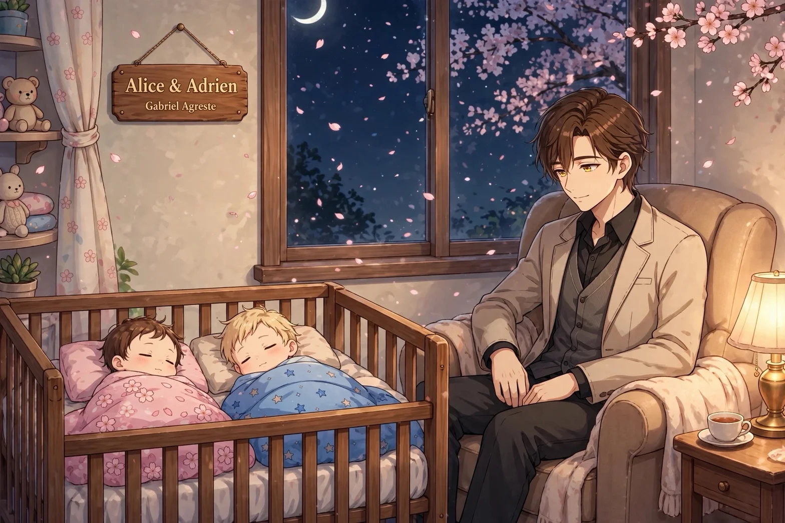 Gabriel sitter vid spjälsängen och tittar ömt på Alice och Adrien som sover under en stjärnklar natt, medan körsbärsblom faller förbi fönstret.