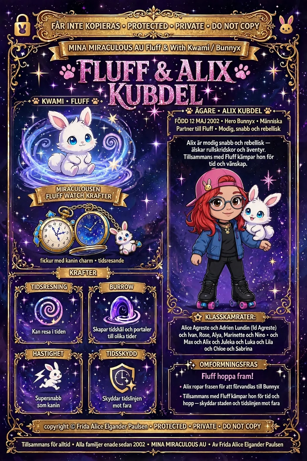 Illustrerad karaktärsaffisch för Fluff och Alix Kubdel med hjälten Bunnyx, fickuret och tidskrafter i Mina Miraculous AU.