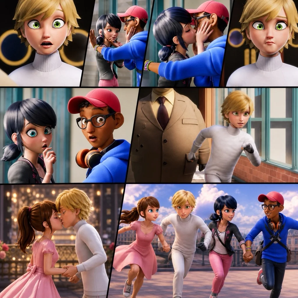 Ett montage från en animerad film med flera scener av ungdomar i kärleks- och äventyrssituationer, med porträtt, möten och en gruppscen på en takterrass.
