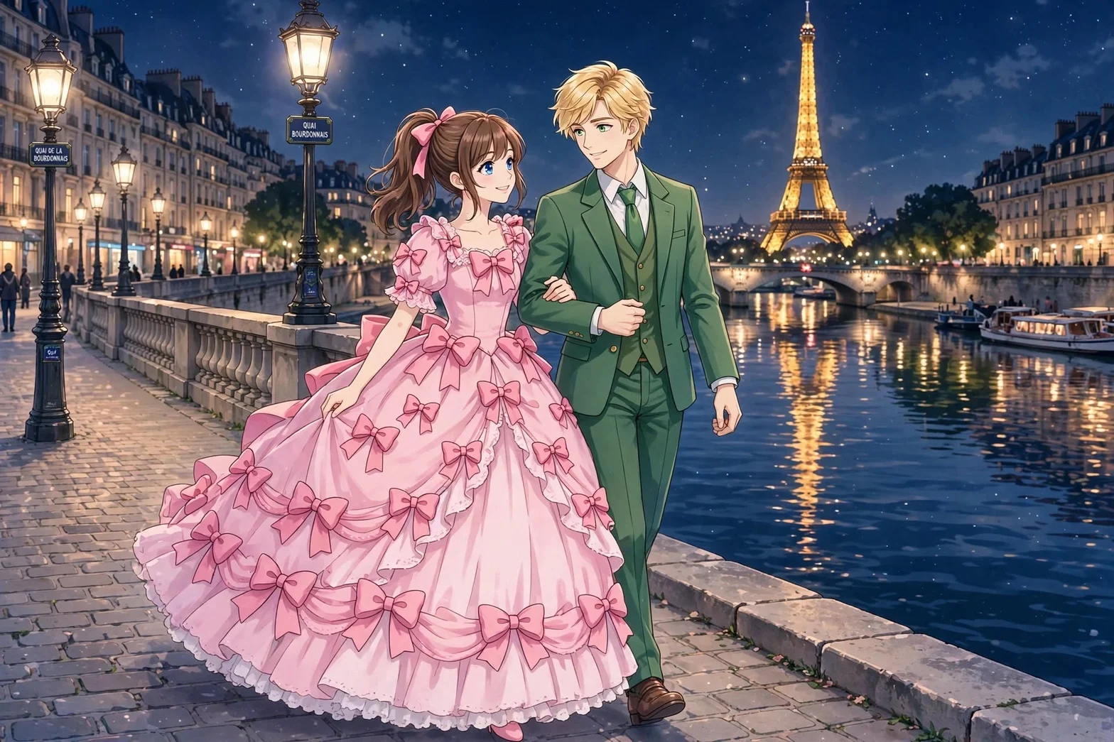 En romantisk, illustrerad scen med ett elegant par som promenerar längs Seine i Paris på kvällen, med Eiffeltornet och upplysta stadsgator i bakgrunden.