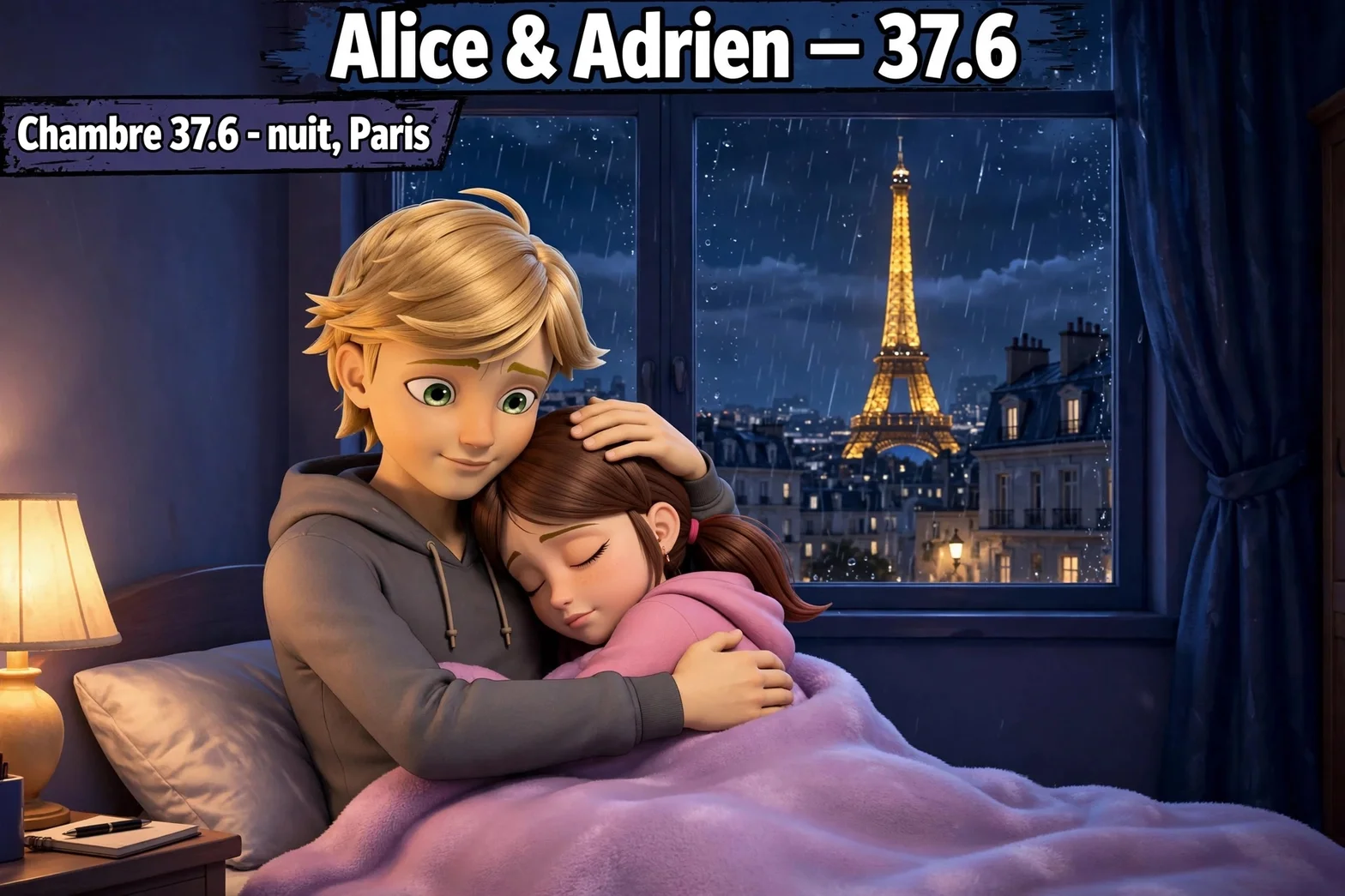 En animerad scen av två unga karaktärer som omfamnar varandra på ett sovrum med utsikt över den upplysta Eiffeltornet i Paris under en regnig natt.