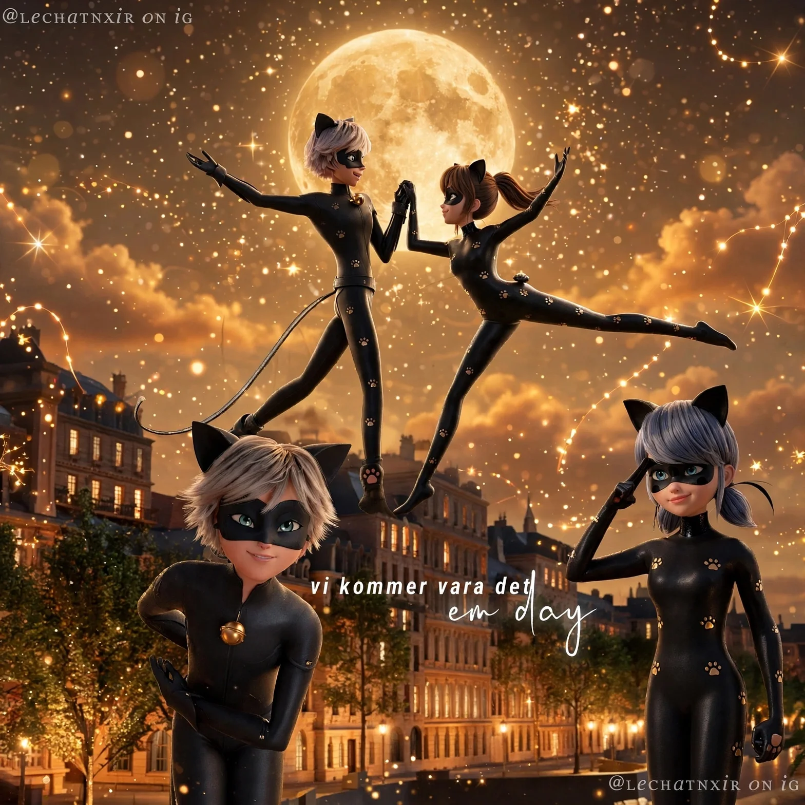 Fyra kattklädda hjältar, däribland Chat Noir och Catty Lady, poserar över en nattlig Paris-siluett under en stor gul måne.