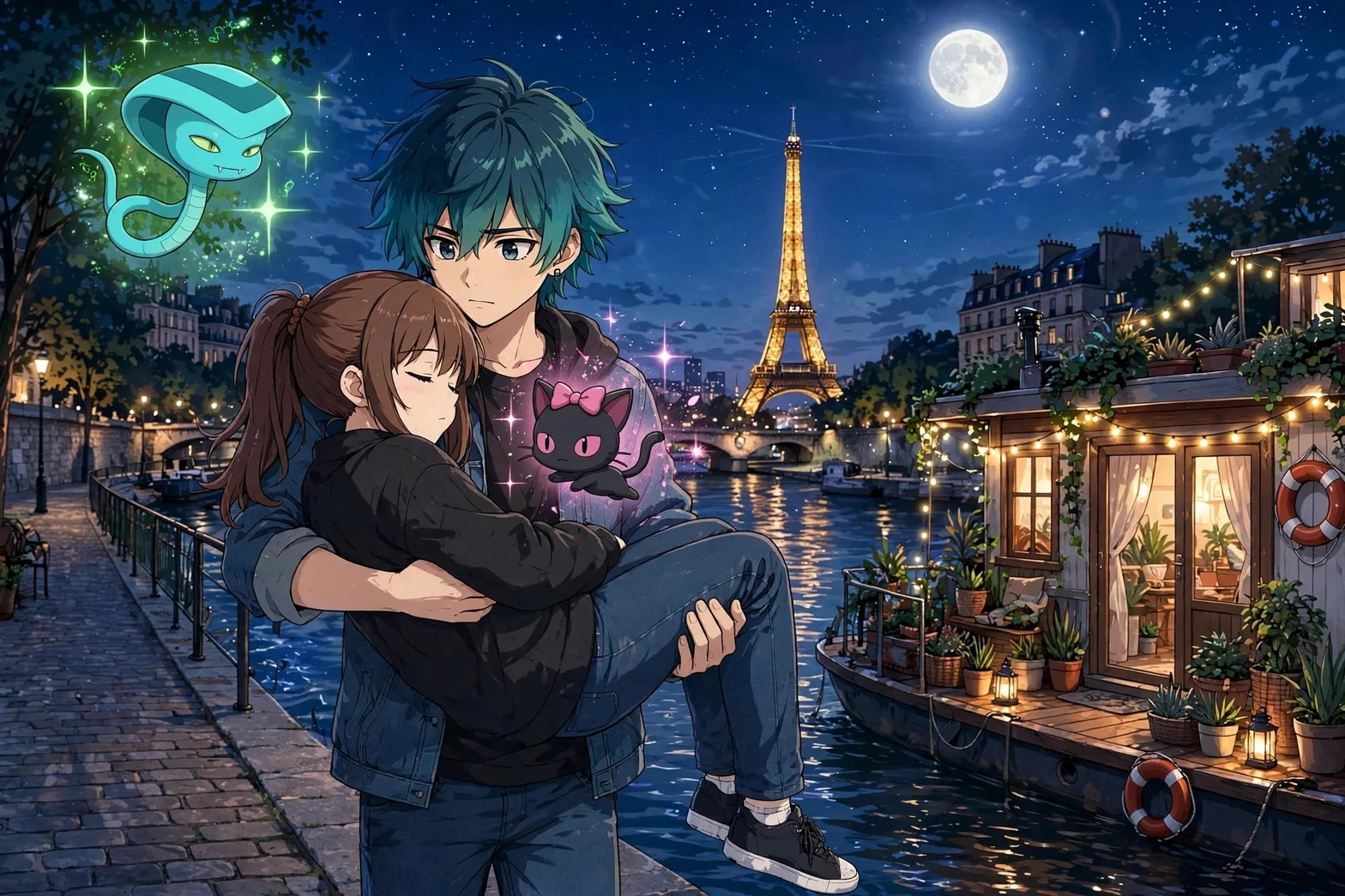 Lukas och Alice omfamnar varandra vid en flodstrand i Paris under månsken, med Eiffeltornet lysande i bakgrunden och deras kwamier Sass och Catta nära dem.
