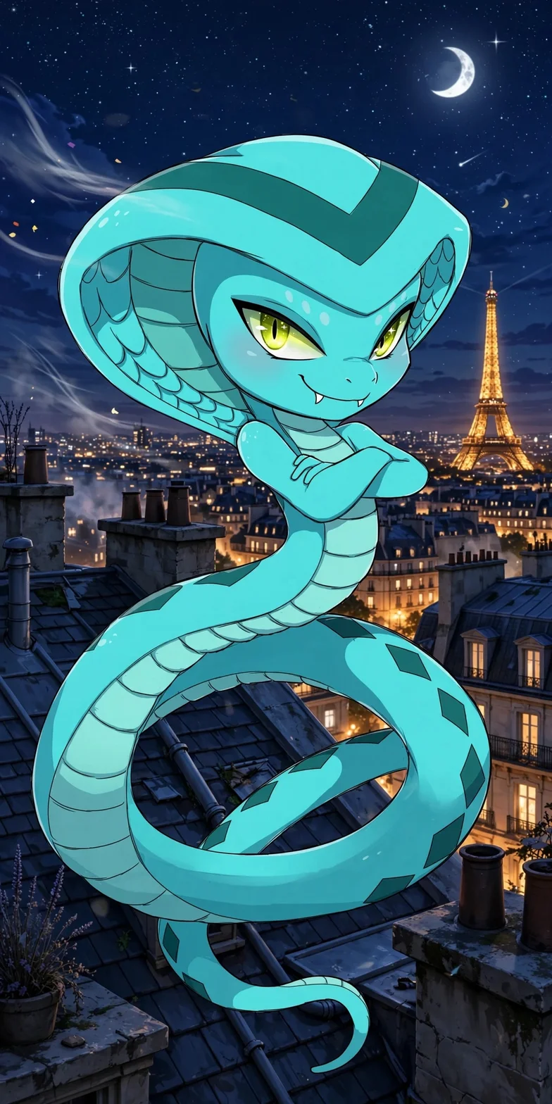 En turkosfärgad, ormlik kwami som sitter på ett tak i Paris, med Eiffeltornet och en stjärnklar natthimmel i bakgrunden.