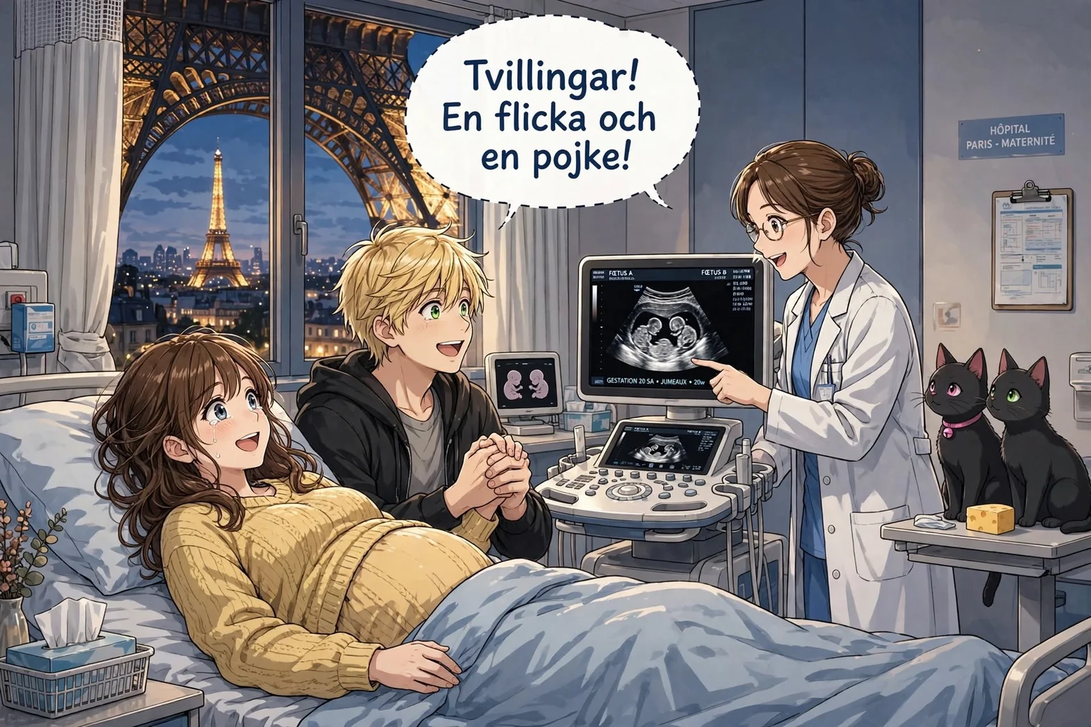 Scen från en parisisk klinik där en läkare visar ultraljudet för Alice och Adrien med pratbubblan Tvillingar! En flicka och en pojke! samt Eiffeltornet i fönstret.