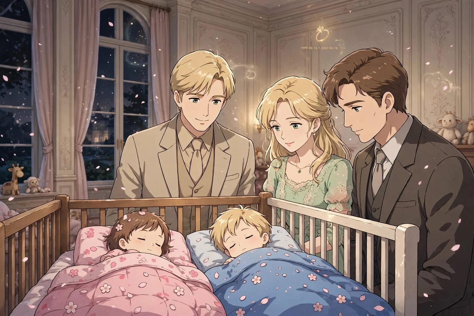 En familj på fem personer ser ner på två sovande barn i en elegant sovrum på natten, i romantisk belysning bland dekorationer.