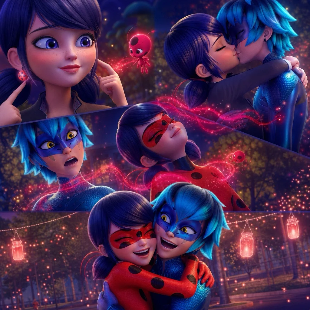 Viperion och Ladybug håller om varandra i en glödande, magisk natt över staden, som Lukas och Marinette bakom maskerna för alltid.