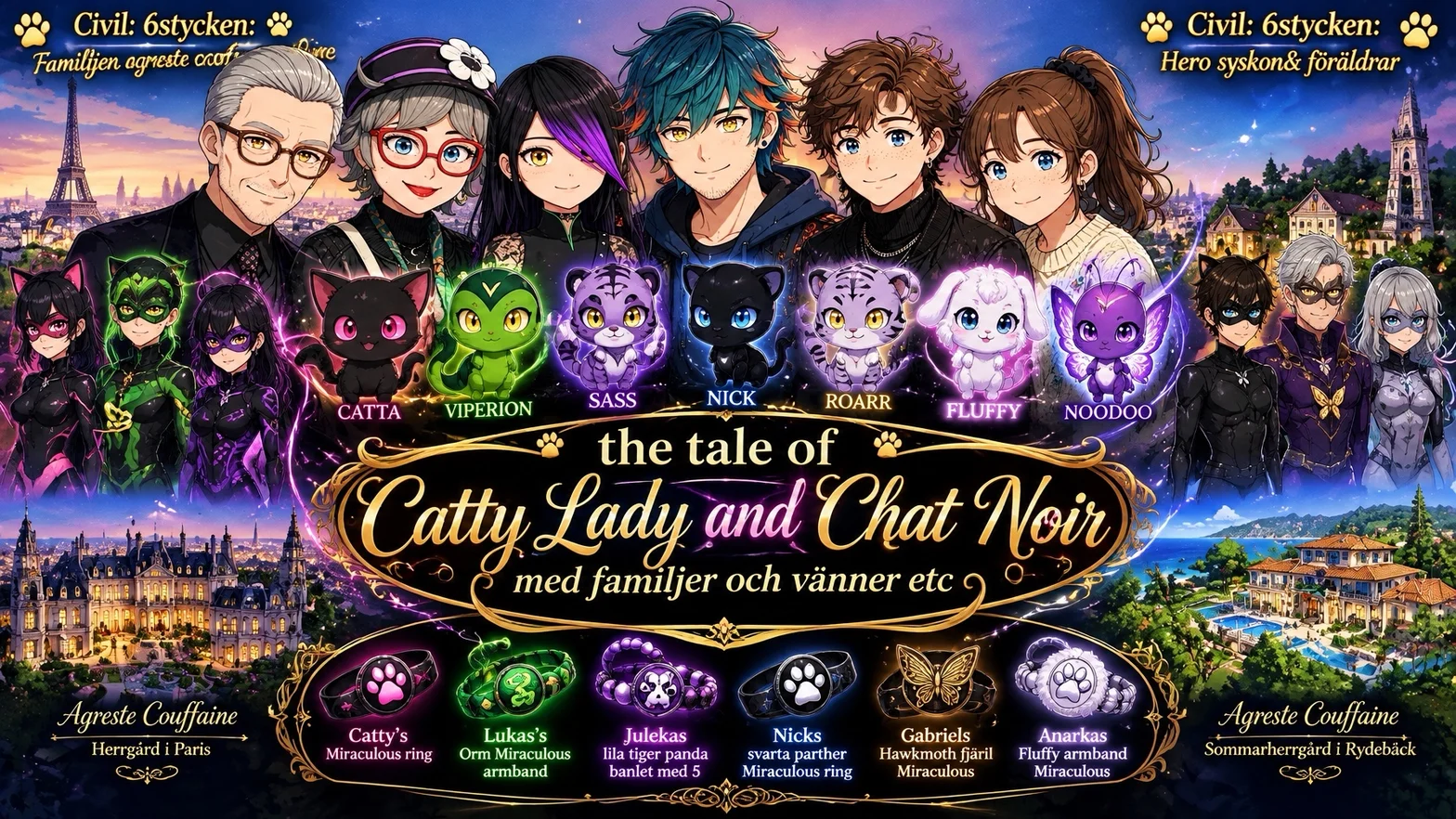 Detaljerat fantasykollage från Catty Lady and Chat Noir med familjer, superhjältar, magiska kwami-djur och Miraculous-föremål.