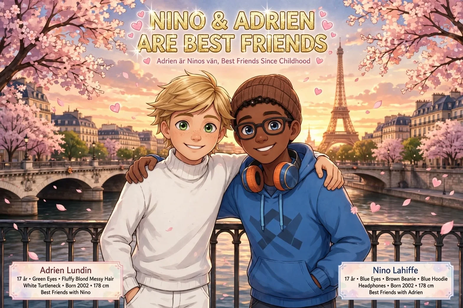 Illustrerad bild av de två bästa vännerna Nino och Adrien som står tillsammans framför Eiffeltornet i Paris, omgivna av körsbärsblommor.