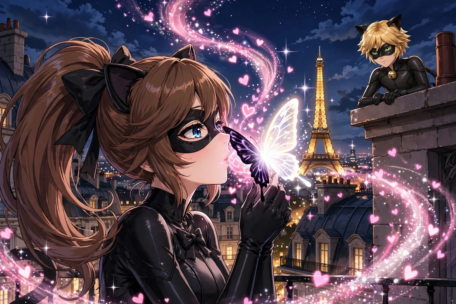 En romantisk animeillustration med två maskerade kattliknande hjältar på ett tak i Paris, med Eiffeltornet i bakgrunden. En glödande fjäril, rosa hjärtan och magiska ljusspår skapar en drömlik kvällsstämning.