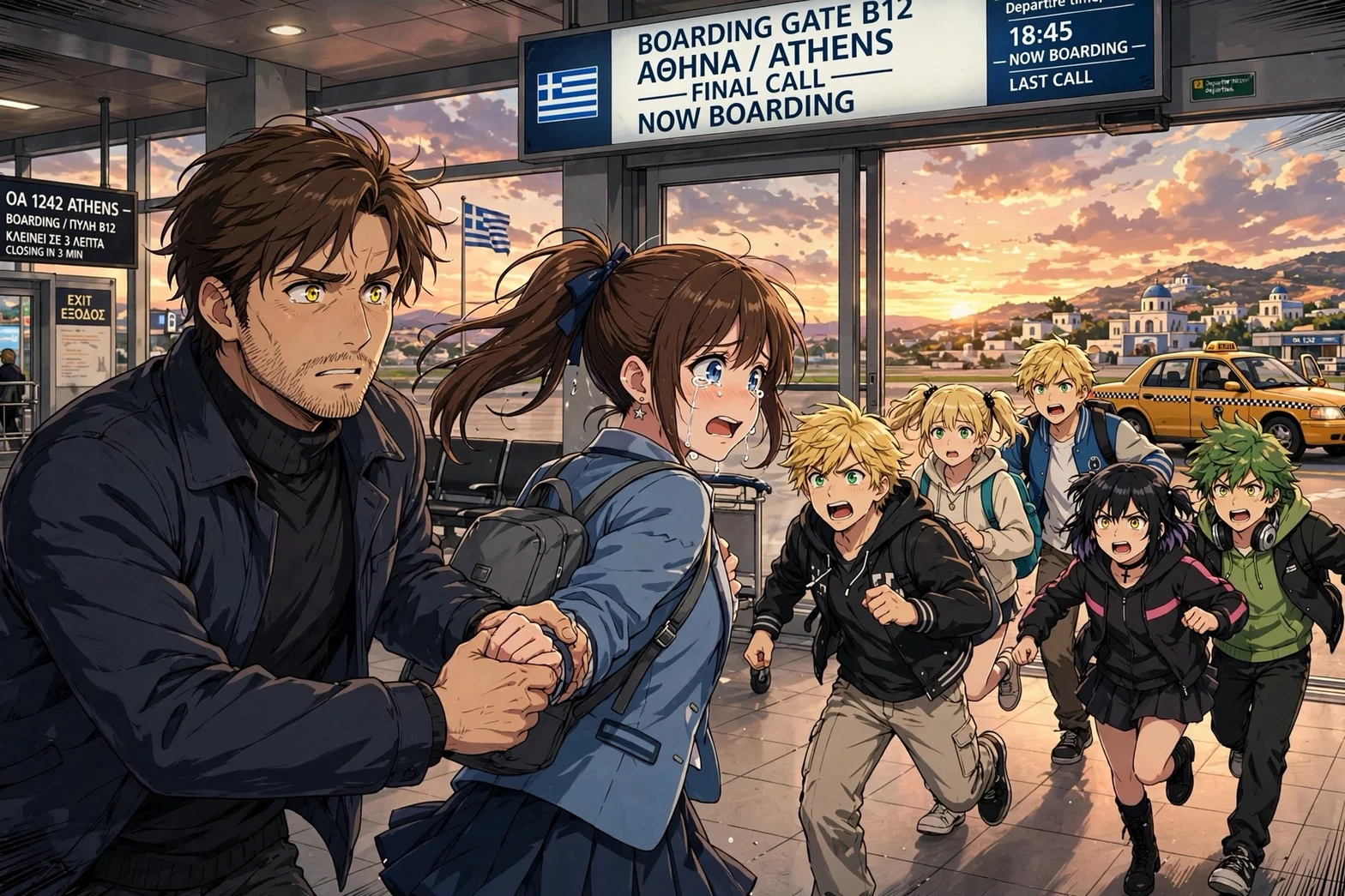 Dramatisk animeillustration på flygplatsen där sällskapet rusar genom terminalen mot boardinggate B12 i hopp om att hinna ikapp Alice.
