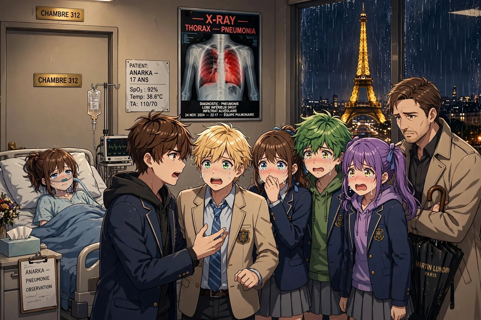 En dramatisk animeillustration från ett sjukhusrum i Paris där Gabriel berättar för trillingarna Alice, Lukas och Juleka samt Adrien Lundin medan de samlas runt sjukhussängen med Eiffeltornet utanför fönstret.