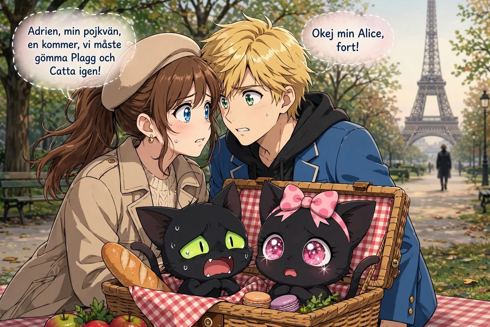 En illustrerad picknickscen i Paris med två animefigurer, en picknickkorg med två svarta katter, baguette och makaroner, samt Eiffeltornet i bakgrunden.