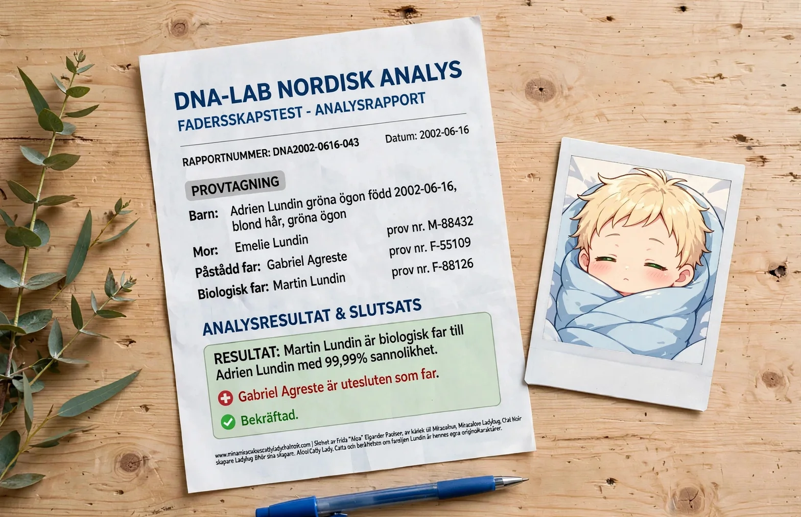 En DNA-testrapport från ett genetiskt laboratorium ligger på ett träskrivbord tillsammans med ett foto av ett barn, en växt och en penna.