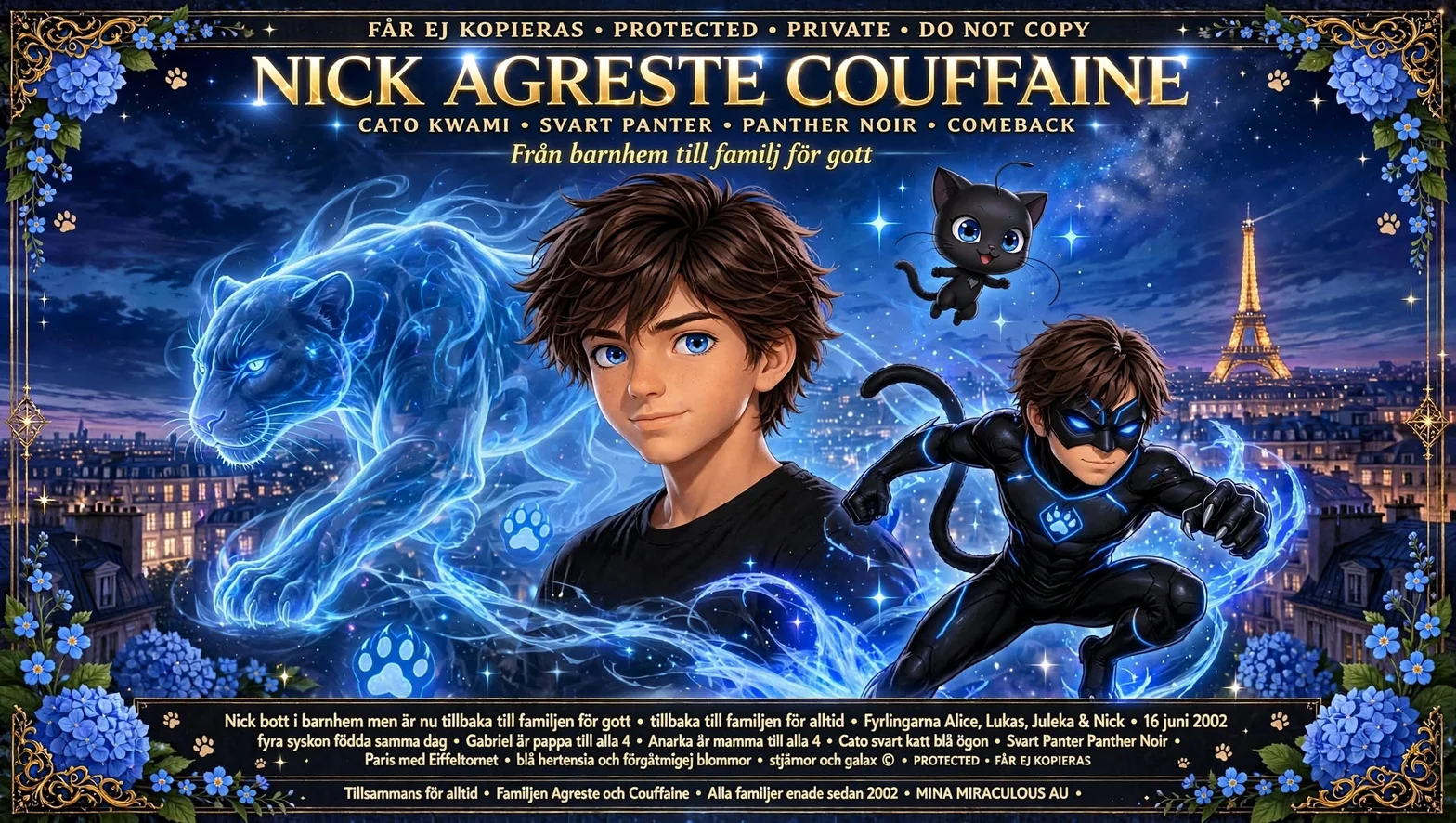 Illustrerad hyllningsaffisch för Nick Agreste Couffaine med Cato kwami, svart panter och hjälteformen Panther Noir framför Eiffeltornet i Paris.