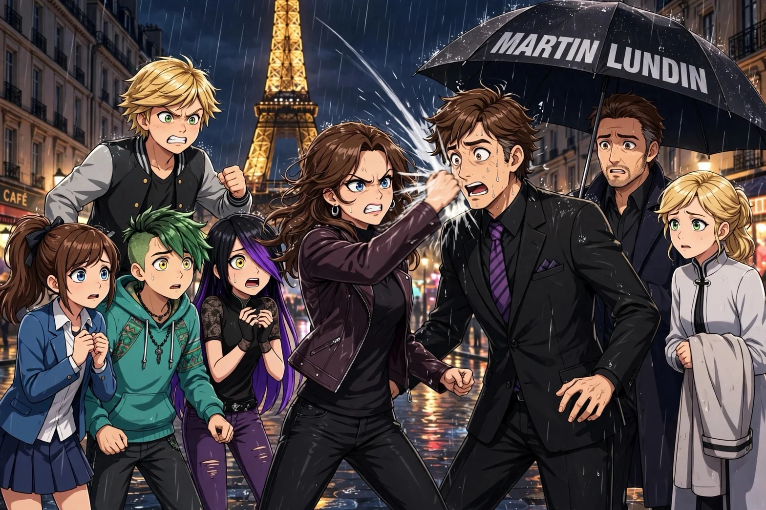 En dramatisk, anime-inspirerad gruppscen med flera personer som reagerar på en händelse i regnet på en upplyst gata i Paris. Eiffeltornet syns i bakgrunden och ett paraply med texten MARTIN LUNDIN hålls över gruppen.