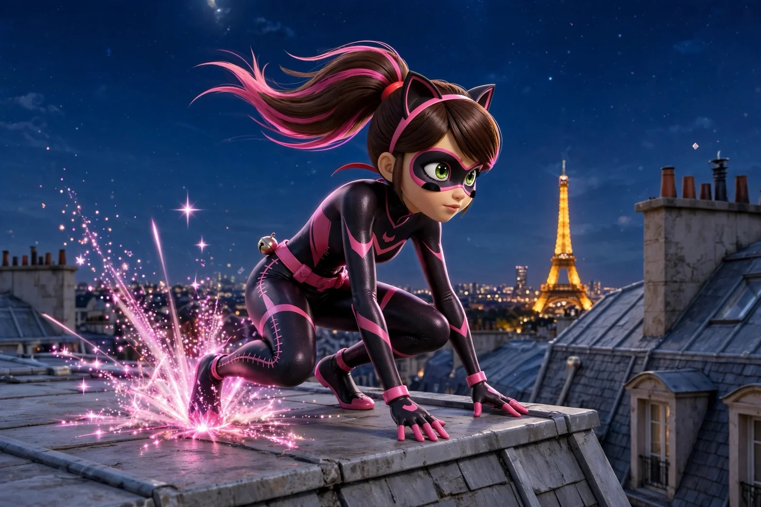Catty Lady i rosa och svart dräkt med magiska krafter på ett parisiskt tak, med Eiffeltornet glödande i bakgrunden under en stjärnklar natt.