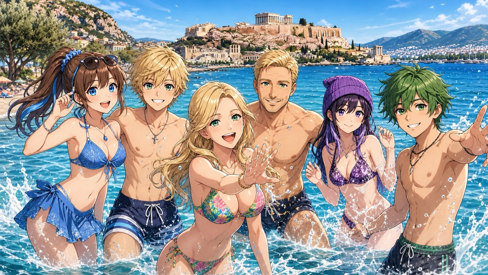 Illustrerad gruppbild med sex animeinspirerade vänner som badar och poserar i det blå havet framför Akropolis i Aten.