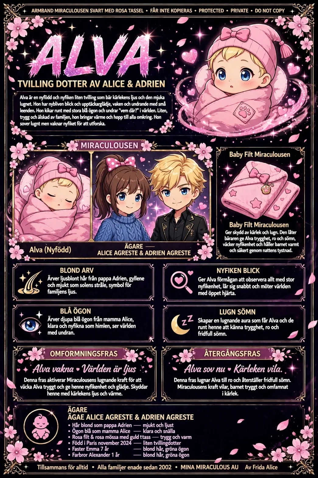 Illustrerad Miraculous-affisch för den nyfödda Alva med babyfilten Miraculösen, information om egenskaper, magiska fraser samt föräldrarna Alice och Adrien.