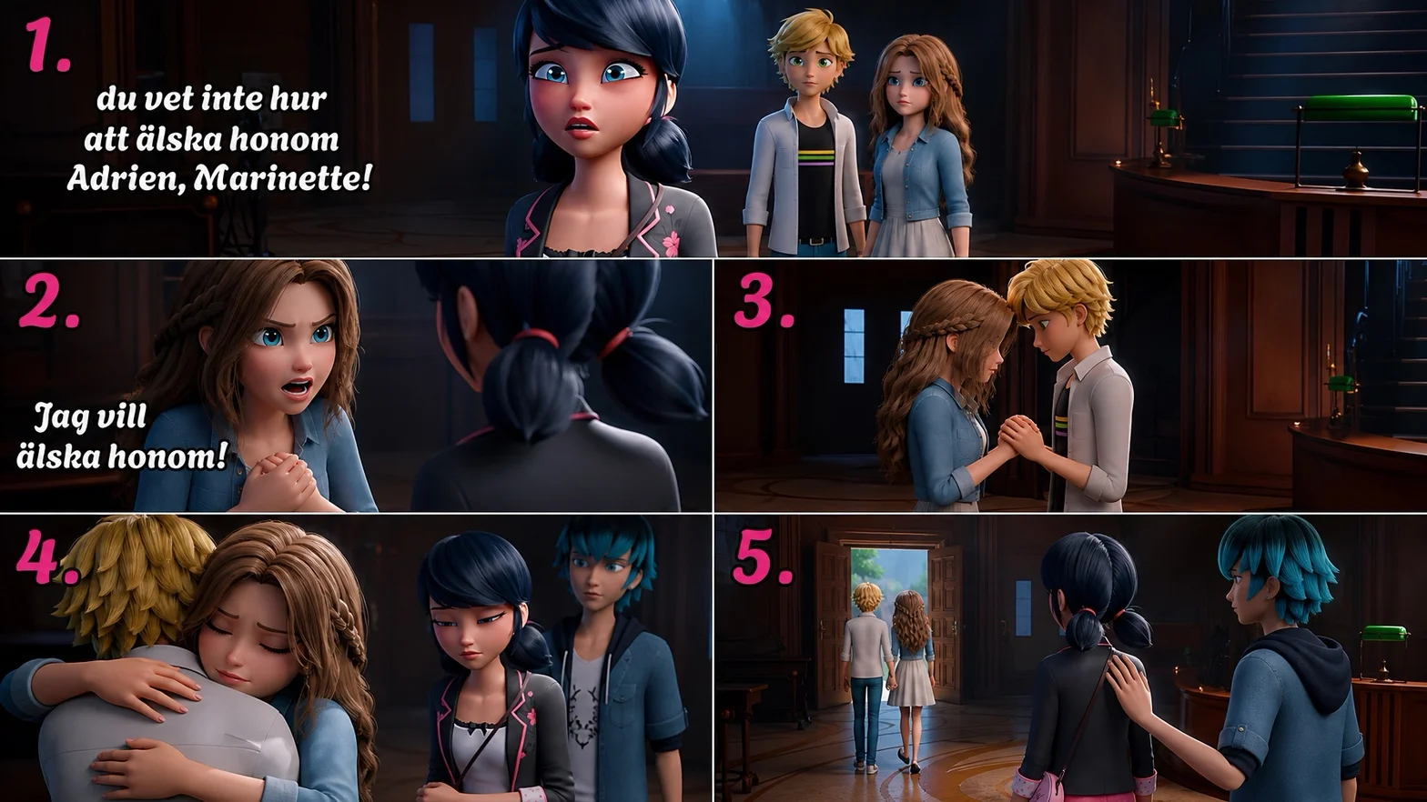 En sekvens från en animerad film som visar en berättelse om vänskap och ärlighet mellan animerade karaktärer, med dialoger på svenska.