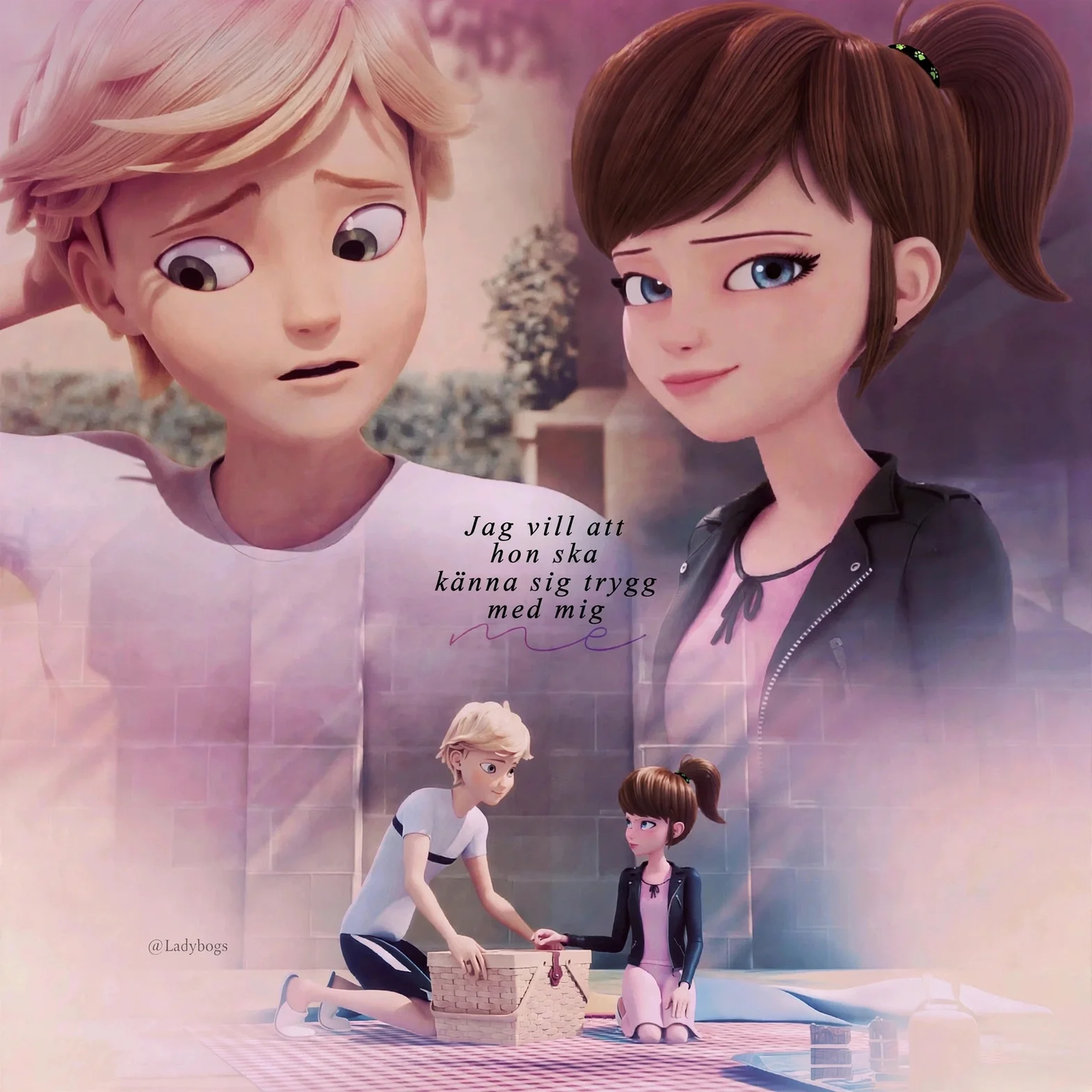 Adrien och Alice delar ett ömt ögonblick, med barnversioner av dem som leker tillsammans i förgrunden och texten Jag vill att hon ska känna sig trygg med mig.