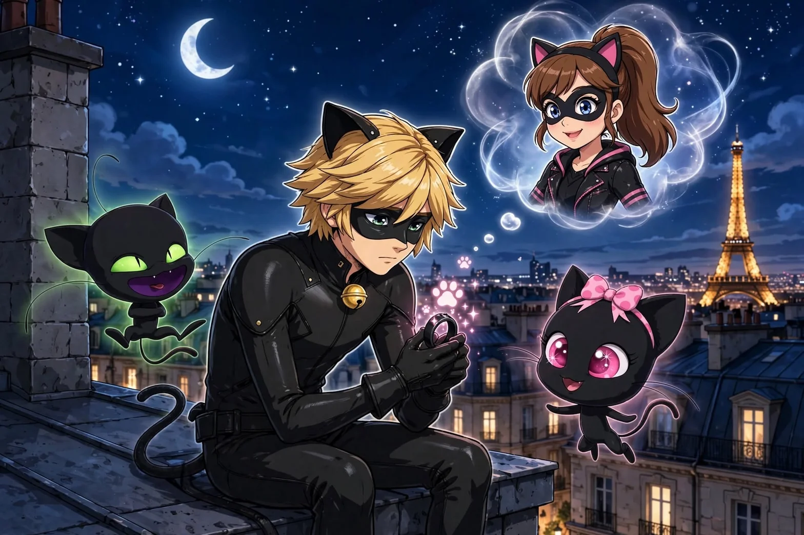 En färgstark tecknad nattbild med en blond kattlik superhjälte på ett hustak i Paris, omgiven av två svarta magiska katter och en flicka i superhjältemask i en lysande tankebubbla.