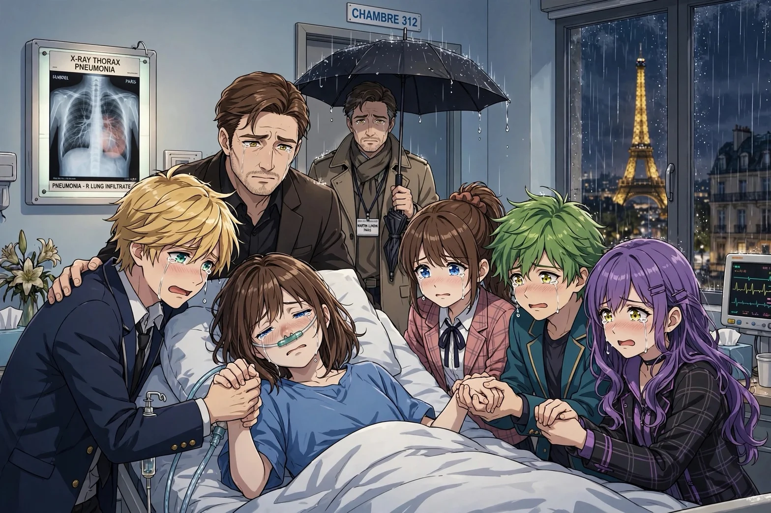En dramatisk animeillustration från ett sjukhusrum i Paris där flera gråtande personer samlas kring Anarka som ligger i sjukhussängen med Eiffeltornet i regnet utanför fönstret.