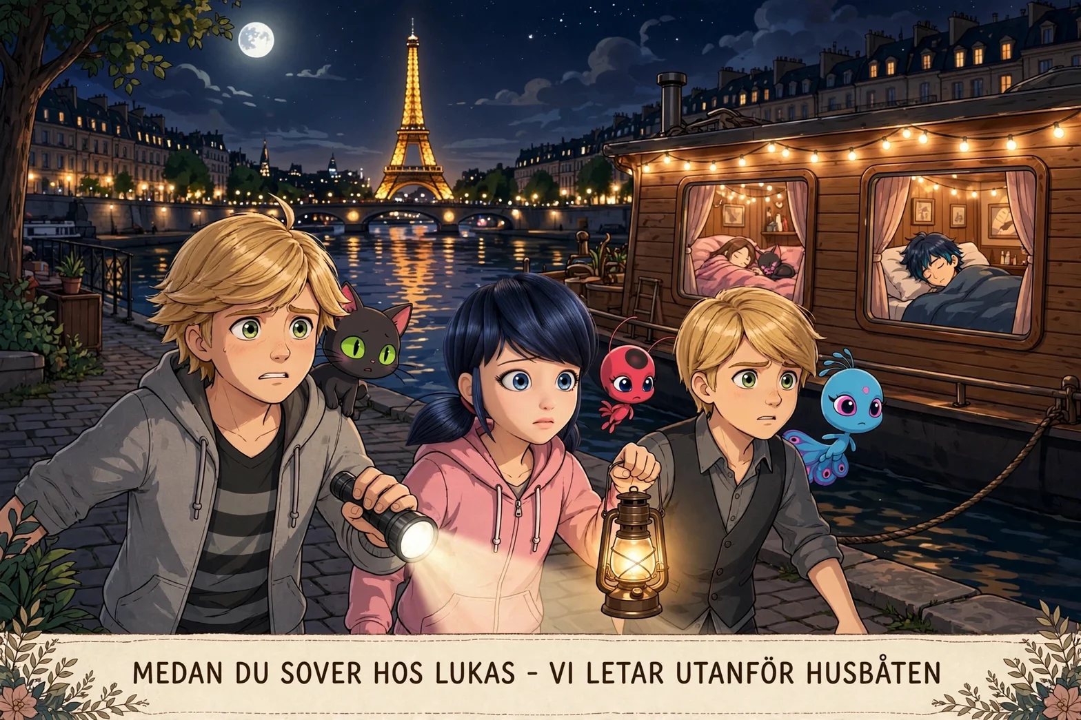 Barn och magiska varelser på en parisisk flodstrand under månsken, med Eiffeltornet lysande i bakgrunden.