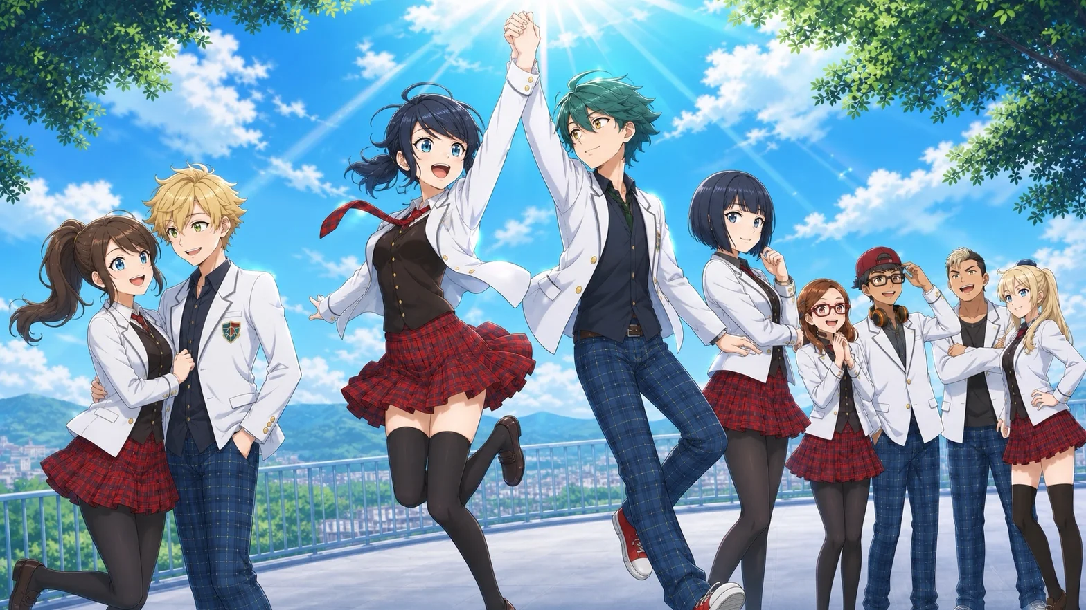 En grupp animerade klasskompisar i skoluniformer hoppar och firar tillsammans mot en solig himmel och stadsutsikt över Paris.