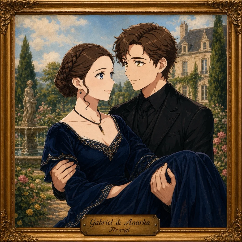 Ett romantiskt porträtt av Gabriel och Anarka i klassisk stil, omgivna av ett slottslandskap med trädgård och himmel.