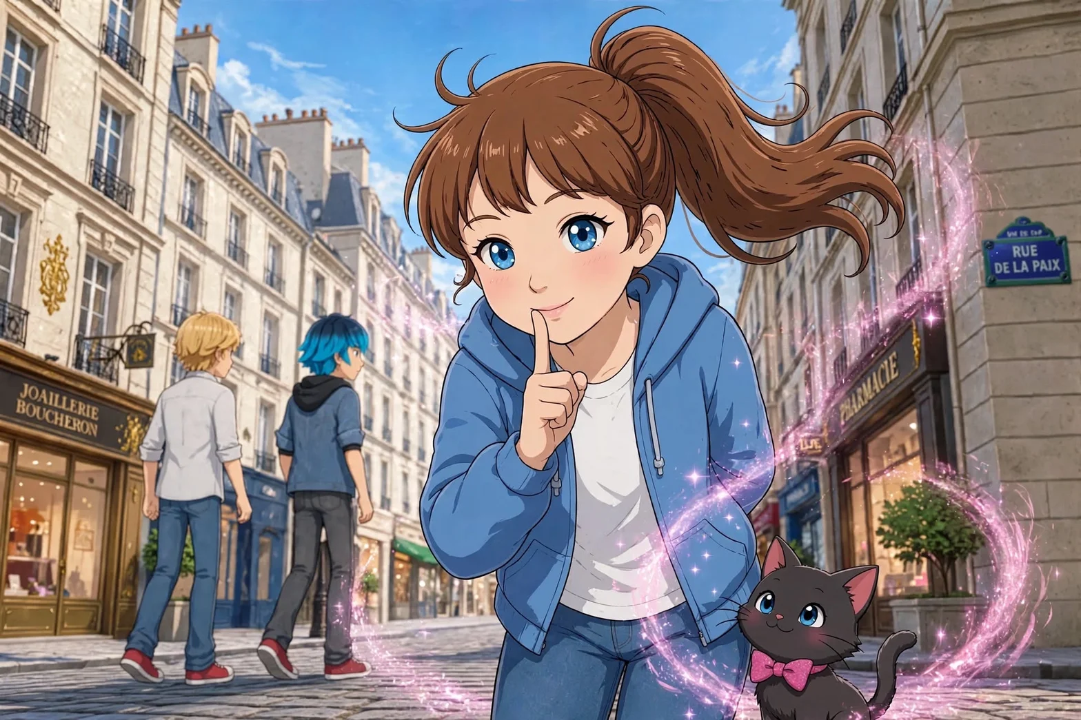 En illustrerad fantasiscen i Paris där en flicka i blå hoodie står tillsammans med en svart katt med rosa rosett, omgiven av glittrande rosa magi på en stadsgata.